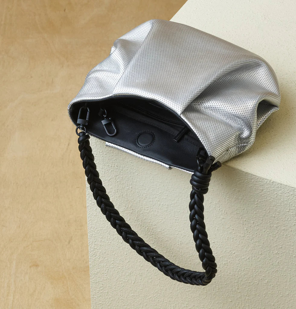 Perforated metallic leather mini convertible shoulder/crossbody bag